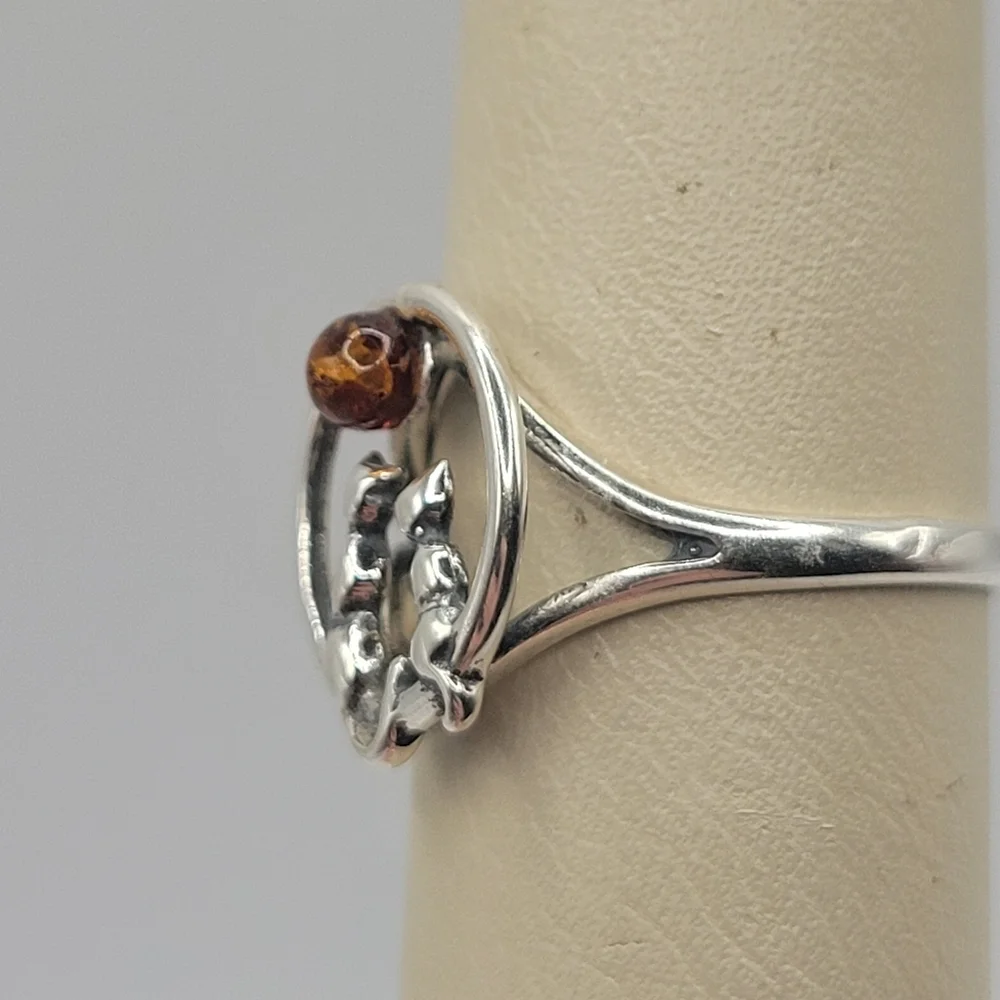925 Sterling Silver Cat Ring Amber Stone Handmade Womens Size 8.5 Cute Unique